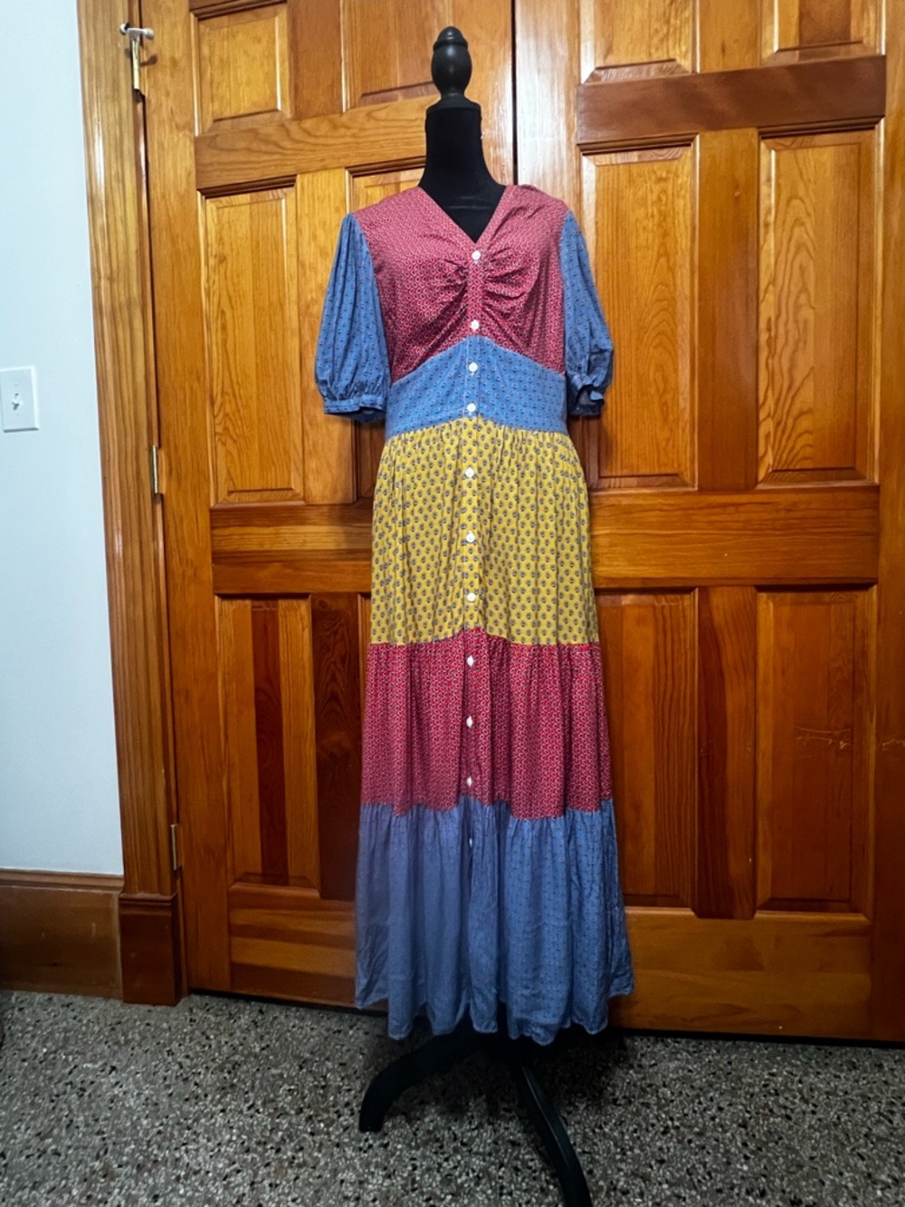 Brooks Brothers Multi-Print Tiered Maxi Dress in Red, Blue & Yellow